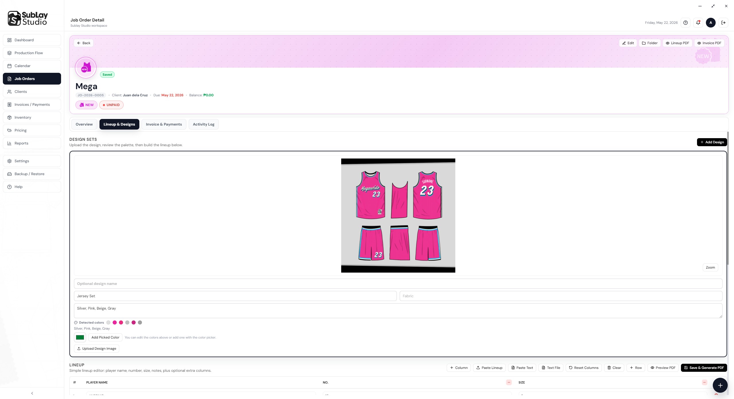 Lineup Builder screen